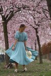 Dusty Blue Vintage Style Linen Women Dress with Full Circle Skirt