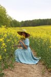 Dusty Blue Vintage Style Linen Women Dress with Full Circle Skirt