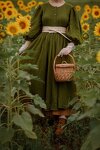 Maternity Linen Women Dress, Puff Sleeve Dress, Moss Green Linen, Midi Summer Dress, Vintage Style Cottagecore Dress, Nursing Linen Clothes
