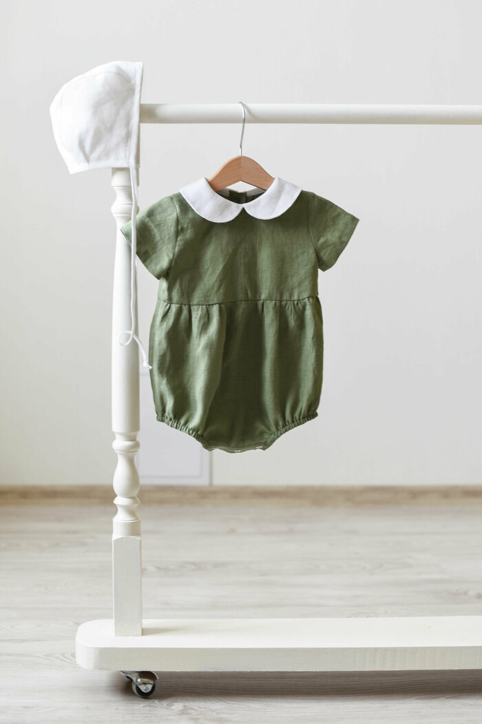 Sage Green Baby Romper with Peter Pan Collar