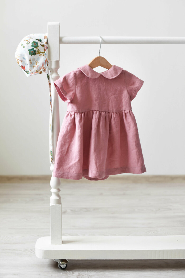Dusty Pink Linen Dress with Short Sleeves and Peter Pan Collar
