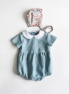 Dusty Blue Baby Romper with Short Sleeves and Peter Pan Collar