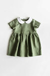 Sage Green Linen Dress with Short Sleeves and Peter Pan Collar