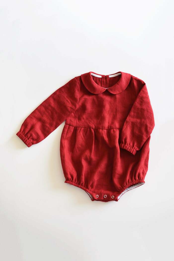 Deep Red Baby Romper with Long Sleeves and Peter Pan Collar