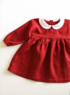 Deep Red Linen Dress with Long Sleeves and Peter Pan Collar