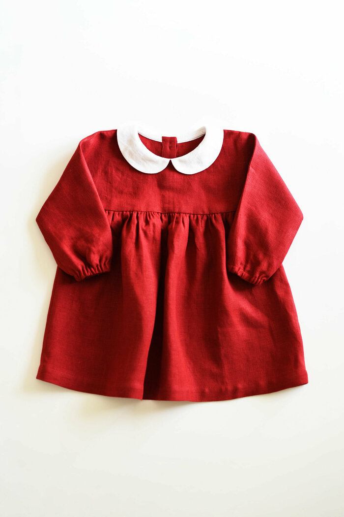 Deep Red Linen Dress with Long Sleeves and Peter Pan Collar