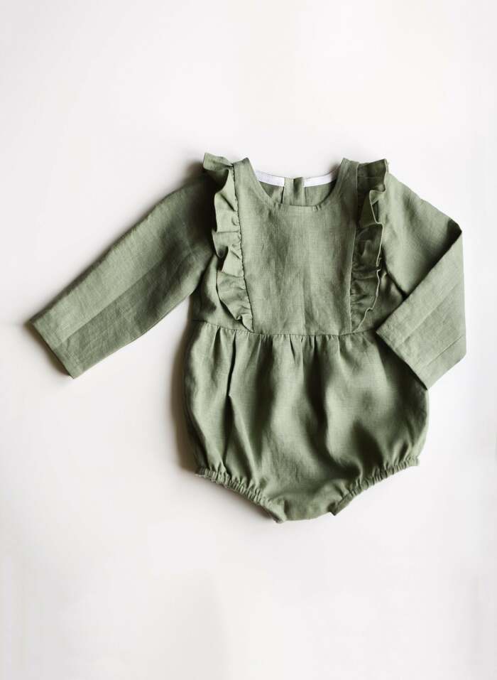 Sage Green Linen Romper, Ruffled Romper for Babies and Toddlers, First Birthday Baby Outfit, Infant Clothing, Baby Girl Rompers