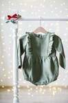 Sage Green Linen Romper, Ruffled Romper for Babies and Toddlers, First Birthday Baby Outfit, Infant Clothing, Baby Girl Rompers