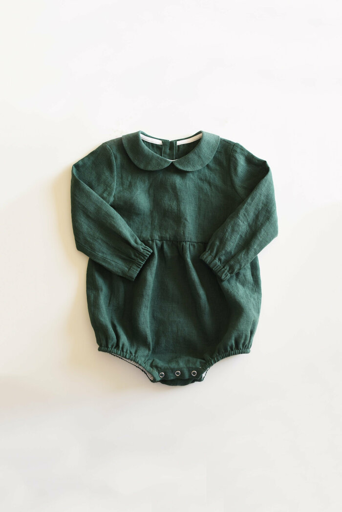 Forest Green Baby Romper with Long Sleeves and Peter Pan Collar