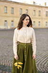 Beige Linen Women Blouse with Long Sleeves and Stand Collar