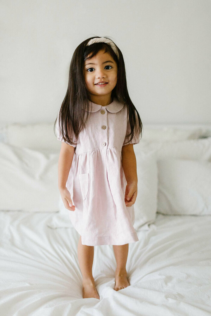 Pale Pink Dress with Peter Pan Collar and Short Lantern Sleeves