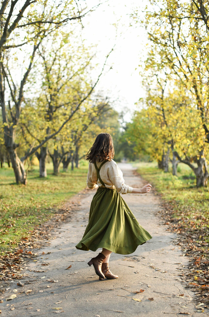 Moss Green Button Down Twirl Skirt with Suspendres